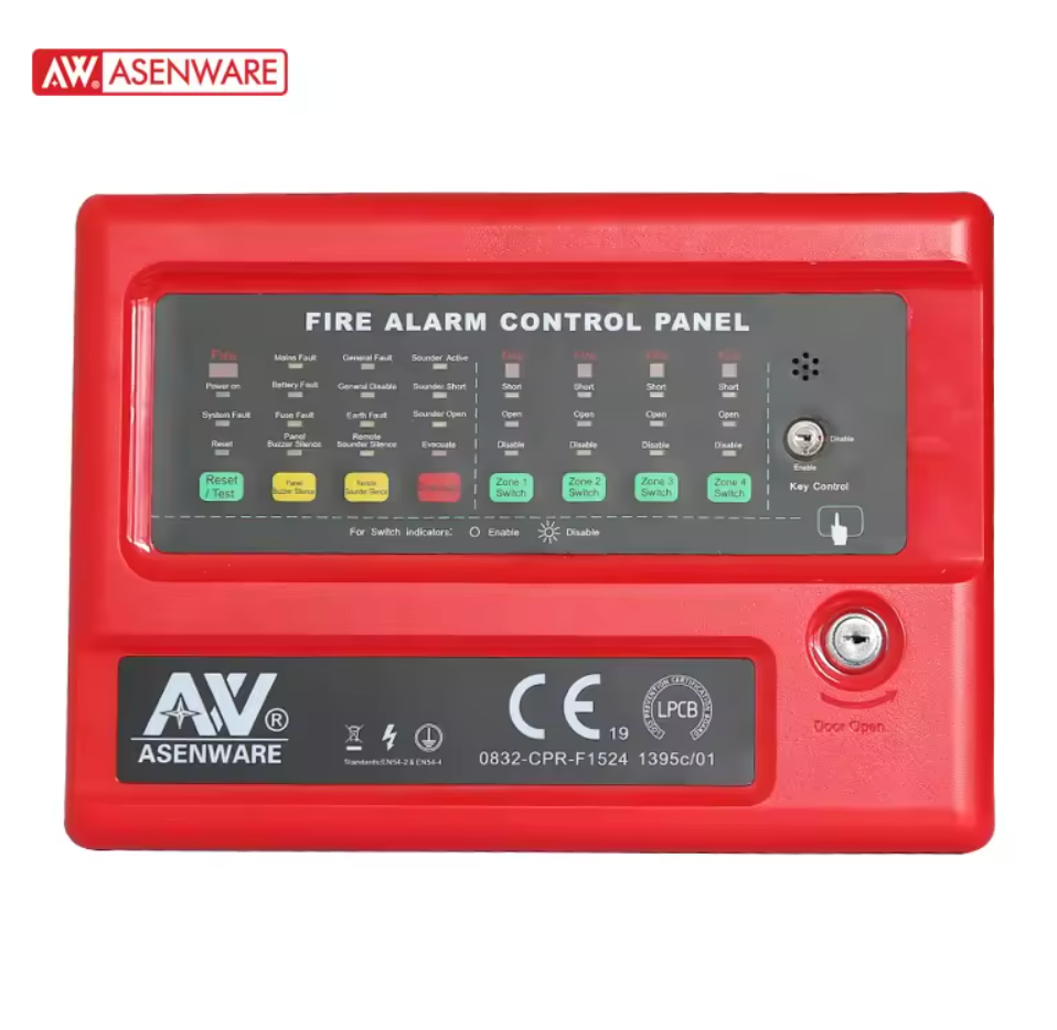 ASENWARE 4-Zone Conventional Fire Alarm Control Panel – Red/Black